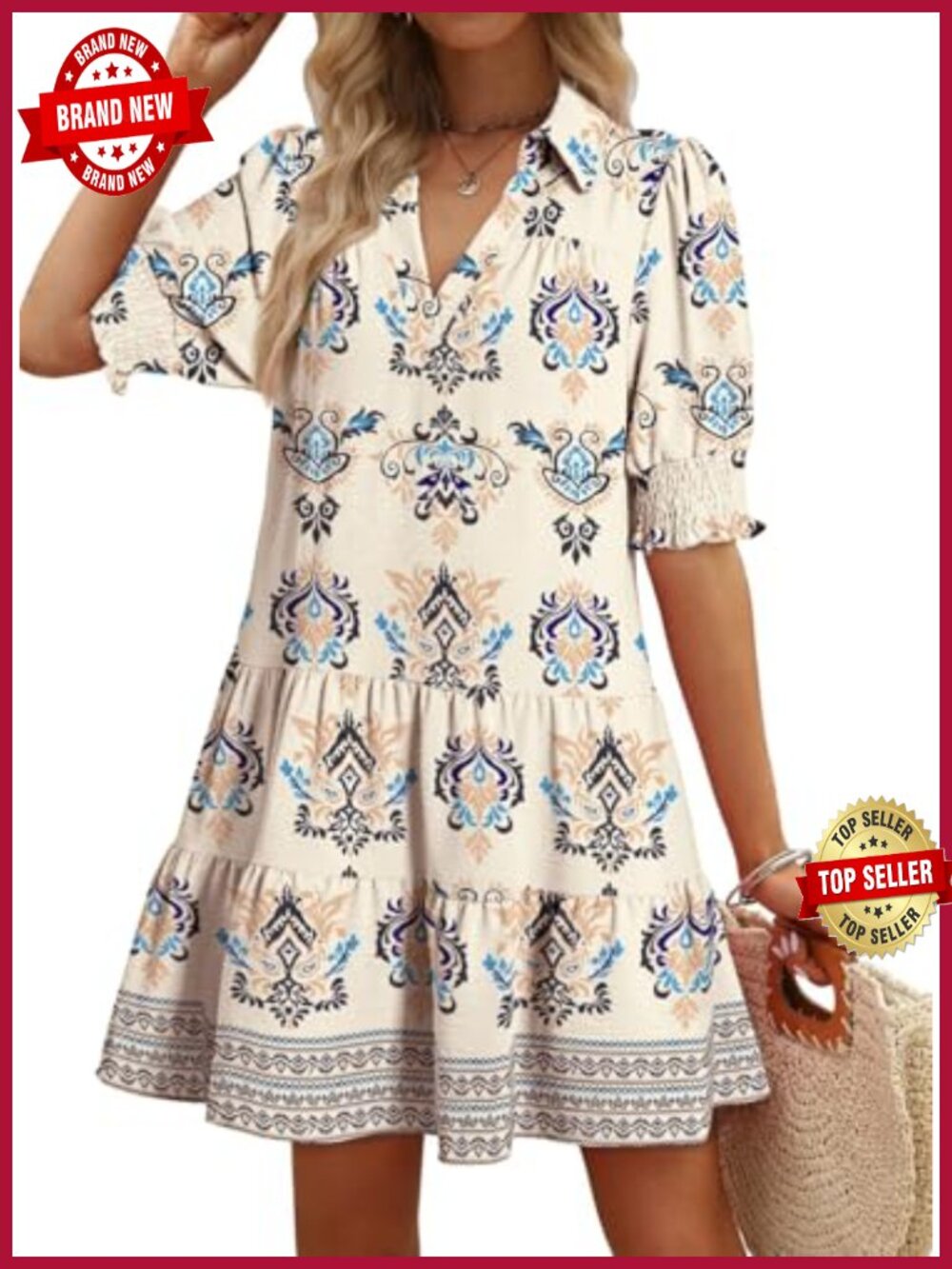 Dokotoo Pleated A-Line Midi Casual Summer Dress V-Neck Short Sleeve